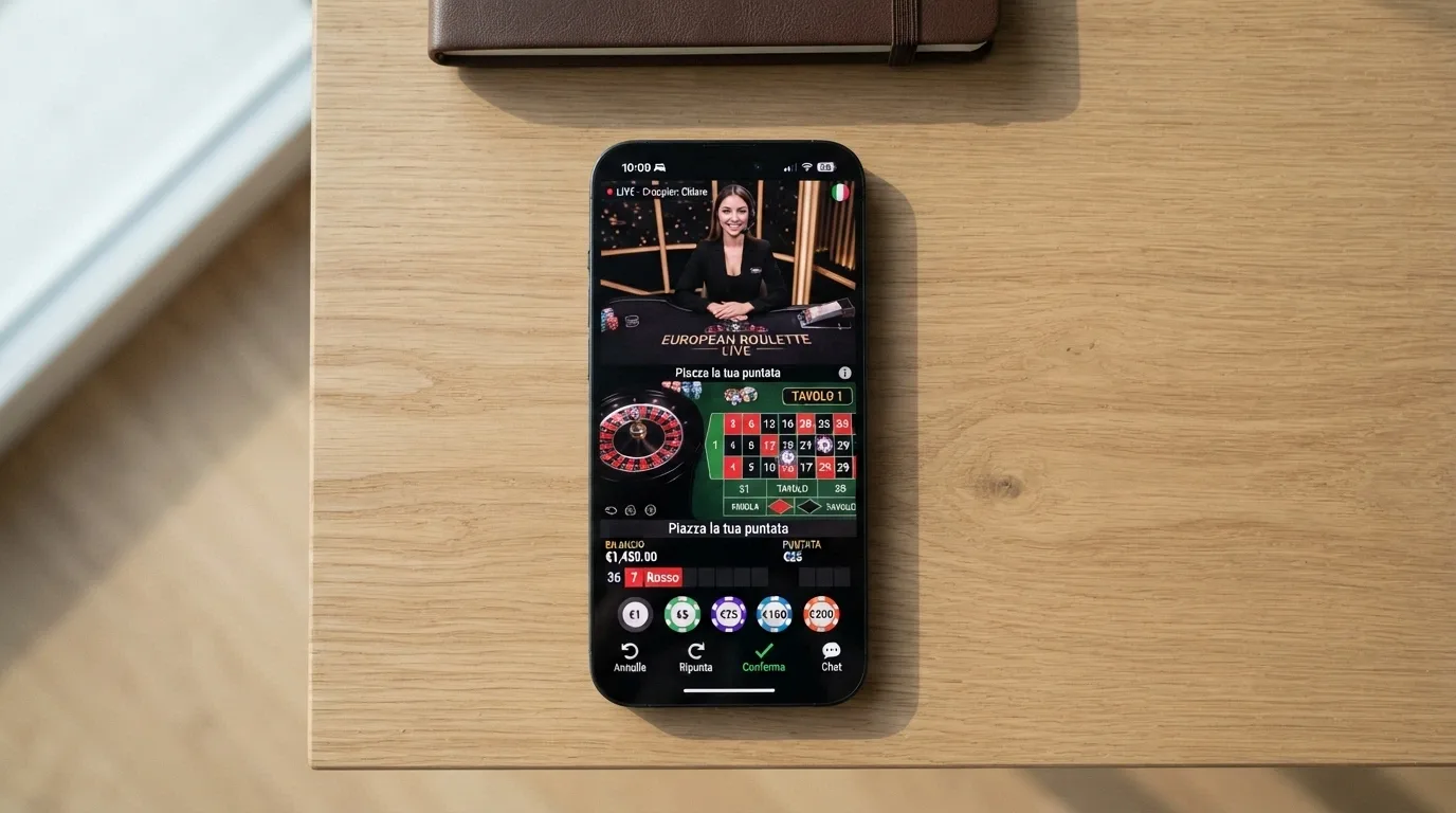 Uno smartphone in orizzontale mostra l'interfaccia touch di un tavolo live con il piazzamento delle fiches e lo streaming del croupier