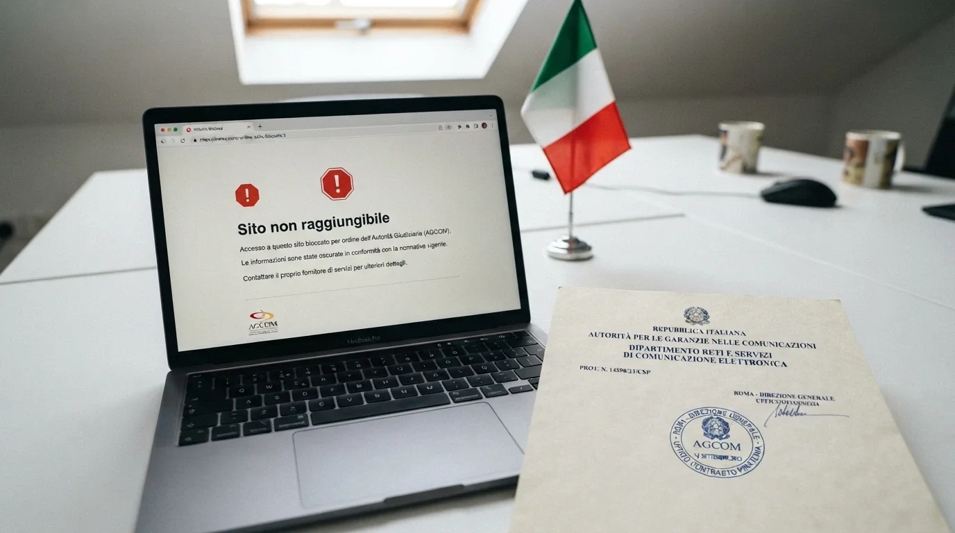 Il logo dell'ADM accanto a un documento ufficiale con timbro, sovrapposto a una schermata bloccata con scritta «sito non raggiungibile»