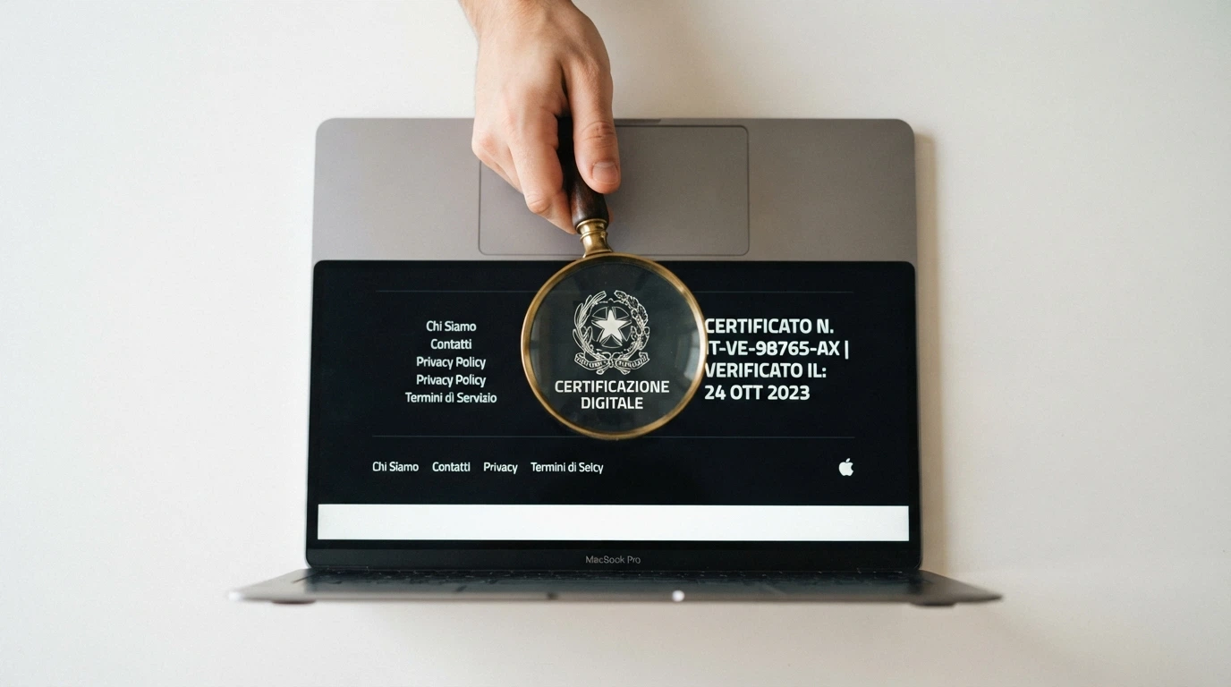 Il logo ufficiale dell'ADM accanto al footer di un sito di casinò con il numero di concessione evidenziato da una lente di ingrandimento