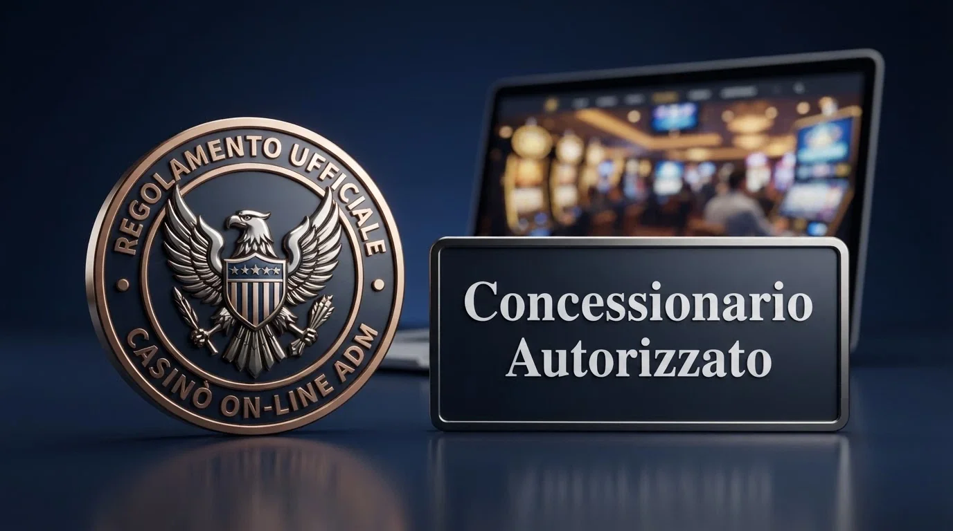 Il logo ufficiale ADM accanto alla scritta «Concessionario autorizzato» sullo sfondo di un casinò online