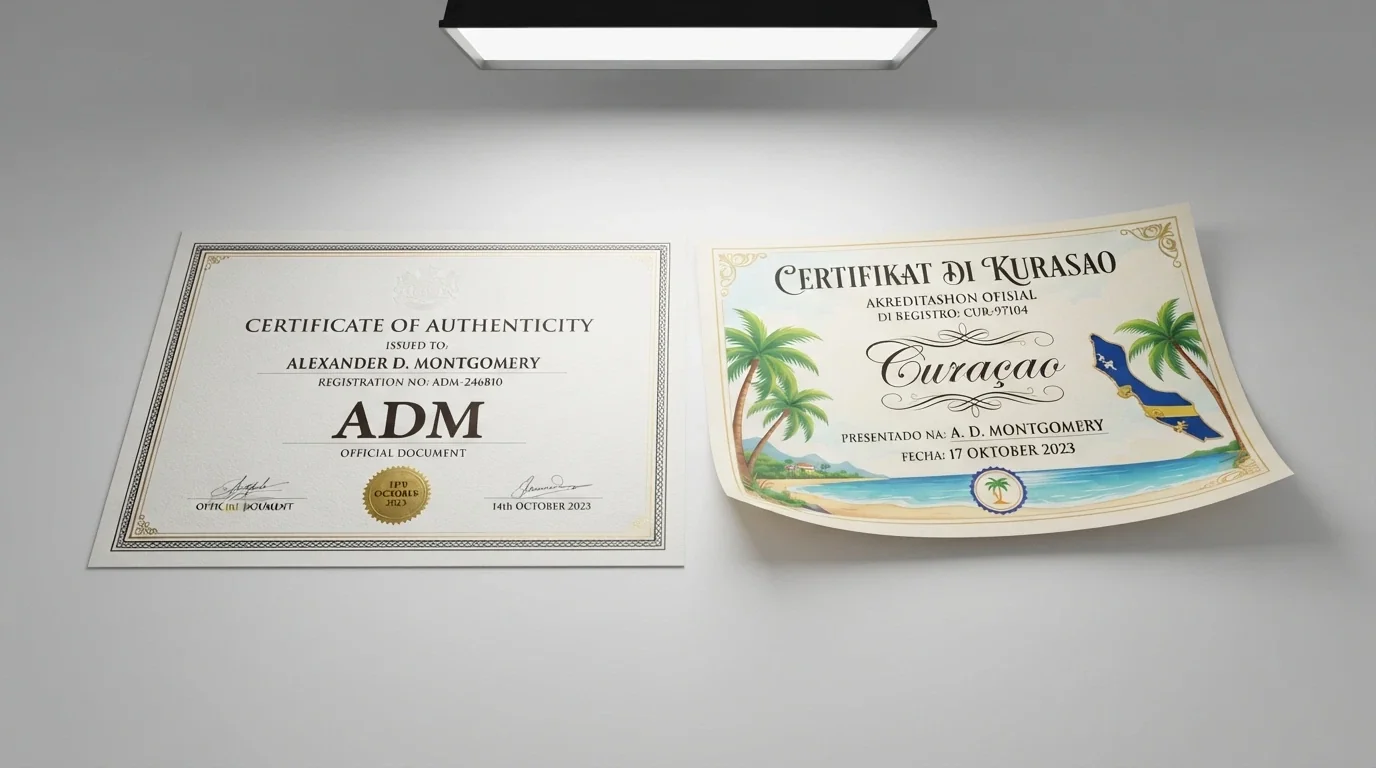 Un confronto visivo tra un certificato di licenza Curaçao eGaming e il logo ufficiale dell'Agenzia delle Dogane e dei Monopoli