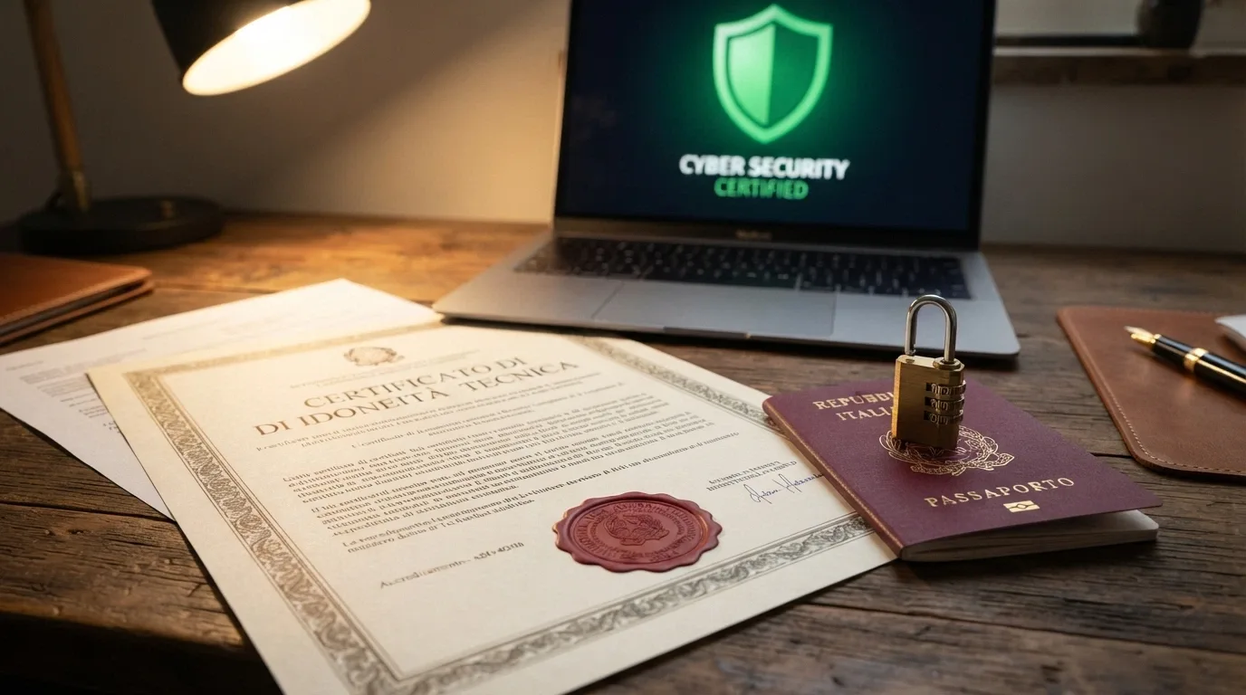 Un documento ufficiale con timbro «Curacao Gaming Authority» accanto a un passaporto e un lucchetto aperto su schermo