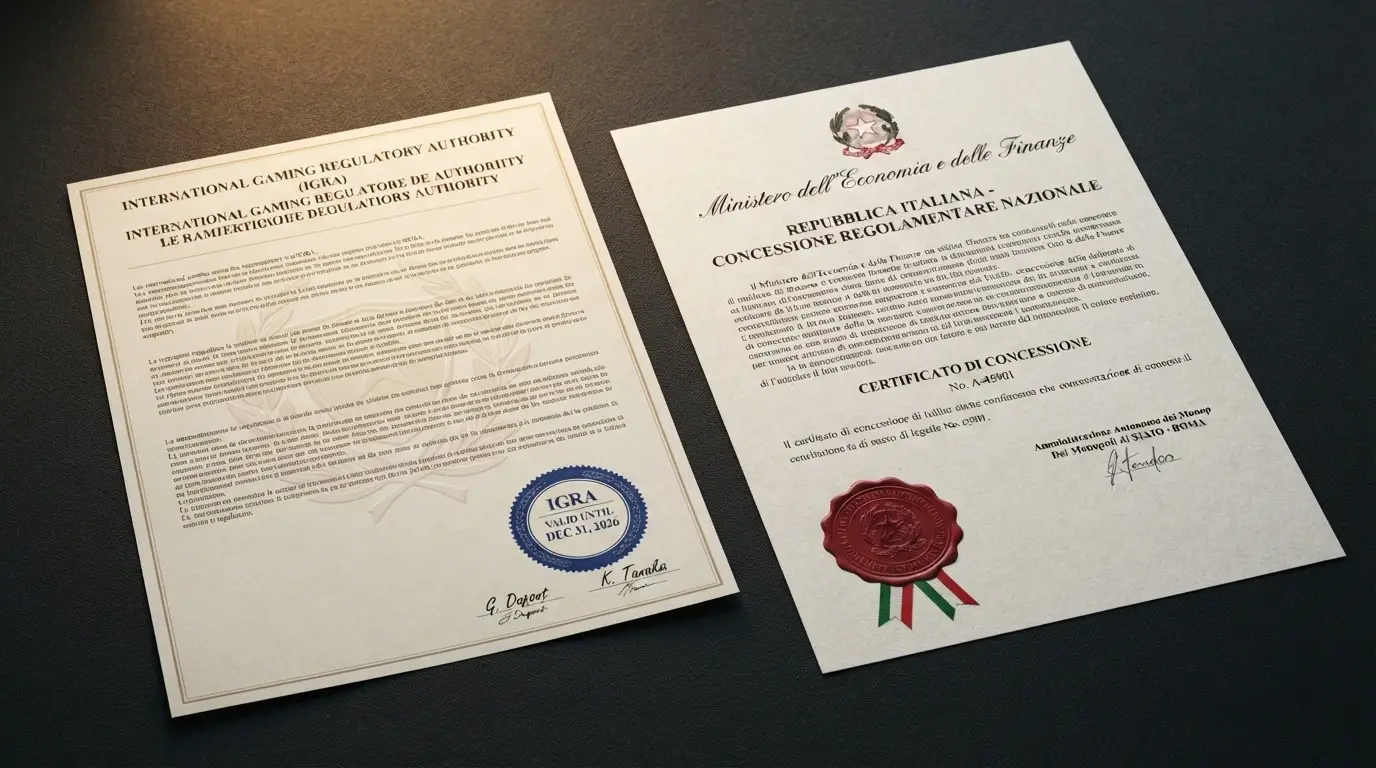 Due documenti ufficiali affiancati: a sinistra una licenza Curaçao eGaming, a destra una concessione ADM italiana con il logo dell'Agenzia delle Dogane e dei Monopoli