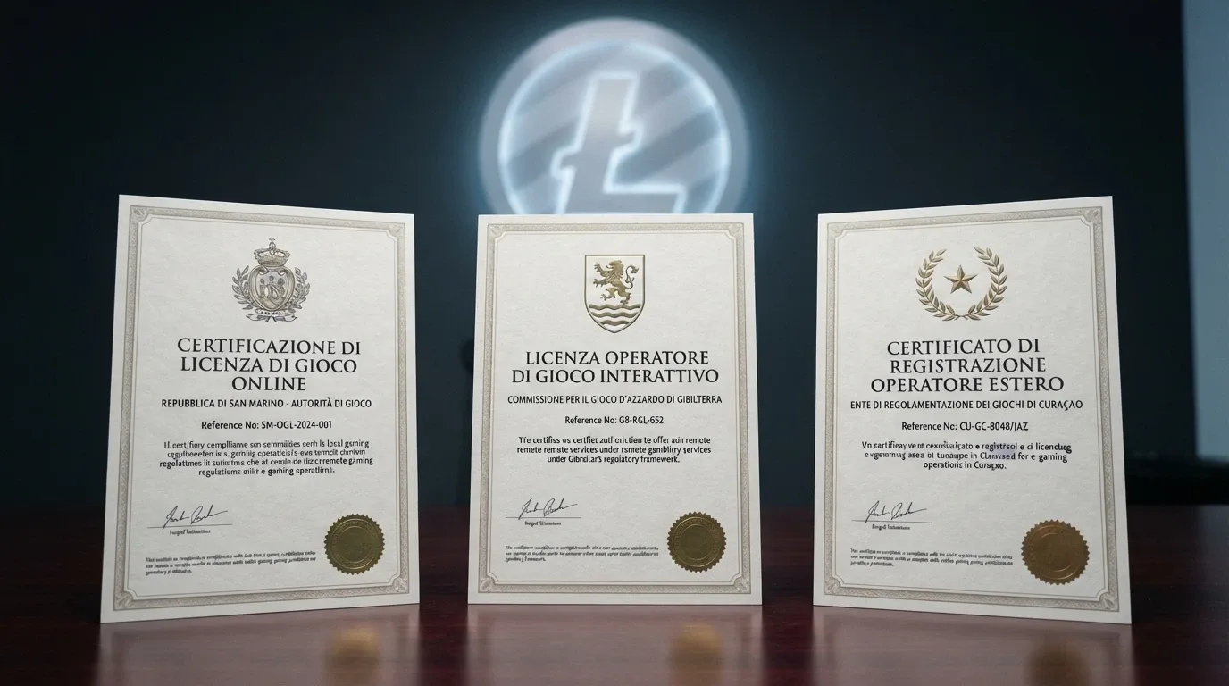 Tre certificati di licenza affiancati — Curaçao eGaming, Anjouan iGaming, Malta Gaming Authority — su uno sfondo scuro con il simbolo del Litecoin in trasparenza