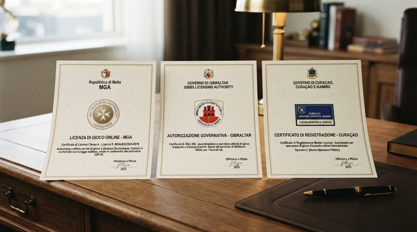 Documenti di licenza di Curaçao eGaming, MGA e Gibilterra affiancati