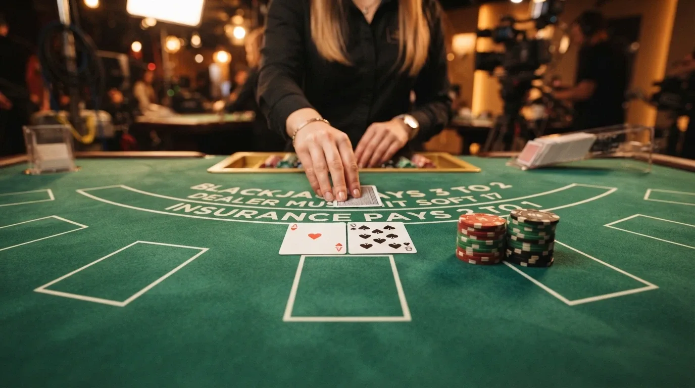 Un tavolo di blackjack dal vivo con interfaccia utente di un casinò ADM e l'indicazione del RTP teorico in sovrimpressione