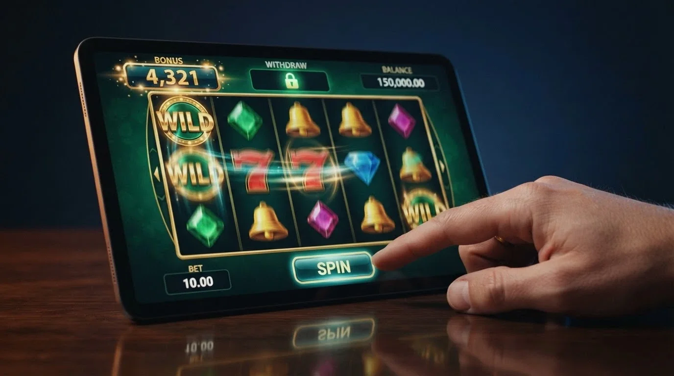 Il primo piano di una slot machine online con un contatore «Bonus» lampeggiante e un lucchetto accanto alla scritta «Prelievo»