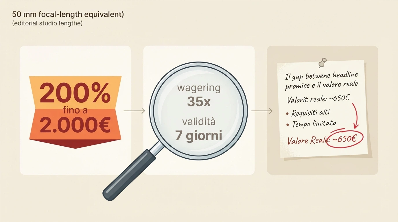 Un'illustrazione schematica a tre passaggi: il banner con «200% fino a 2.000€», una lente che ingrandisce i termini in piccolo (wagering 35x, validità 7 giorni), e il conto finale che mostra il valore reale
