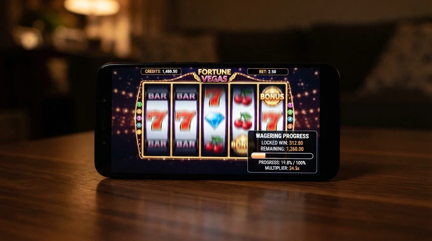 Primo piano di una slot machine online con un contatore di giri gratis attivo e un riquadro che mostra i termini del bonus in sovrimpressione