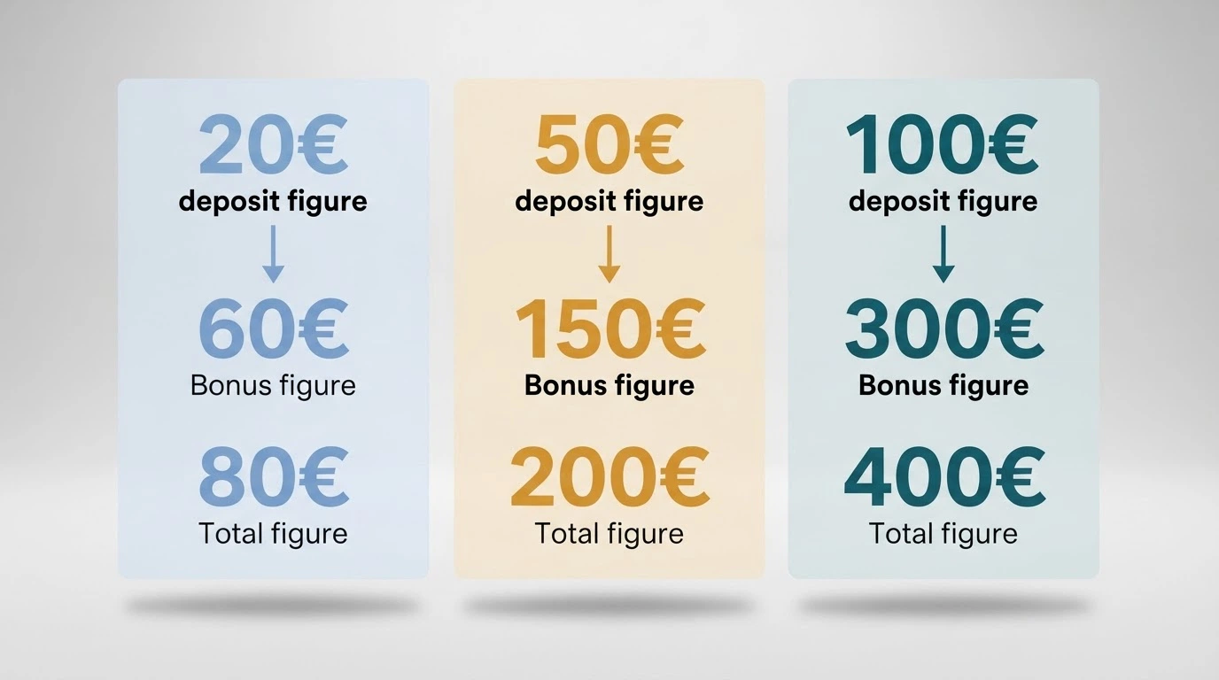 Un'infografica pulita che mostra tre colonne: deposito 20€ → 60€ bonus → 80€ totali; deposito 50€ → 150€ bonus → 200€ totali; deposito 100€ → 300€ bonus → 400€ totali