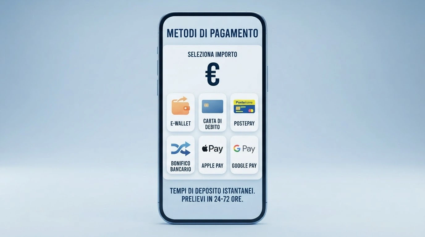 Schemata cassa di un'app casinò ADM con le icone dei metodi di pagamento disponibili: PayPal, Postepay, carte, bonifico, Apple Pay e Google Pay