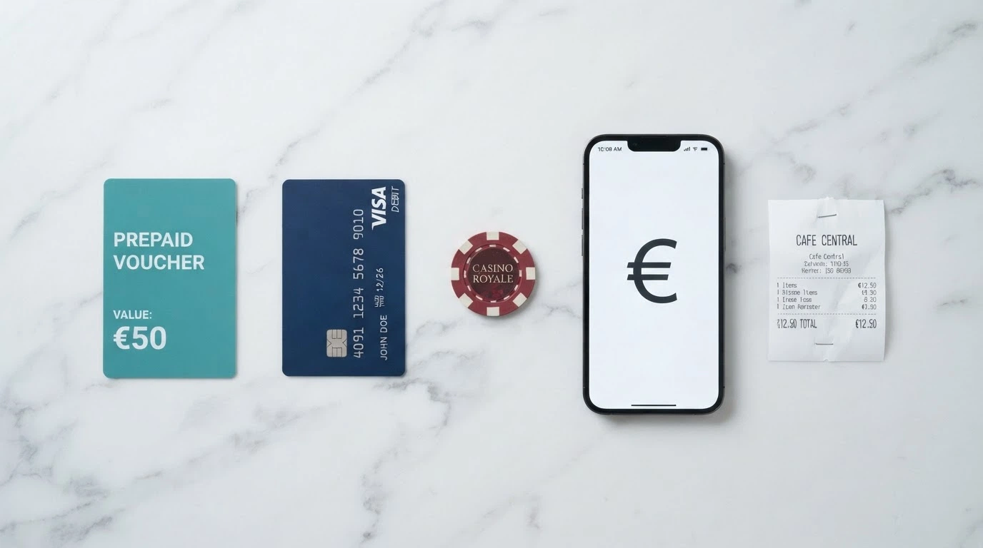 Icone dei metodi di pagamento accettati nei casinò ADM: Paysafecard, PayPal, Postepay, carte di credito, bonifico bancario