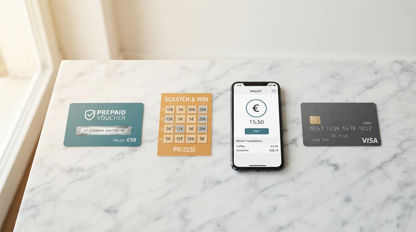 Una gamma di metodi di pagamento affiancati: un ticket Snaipay, una Scratch Card, un portafoglio PayPal e una carta Postepay