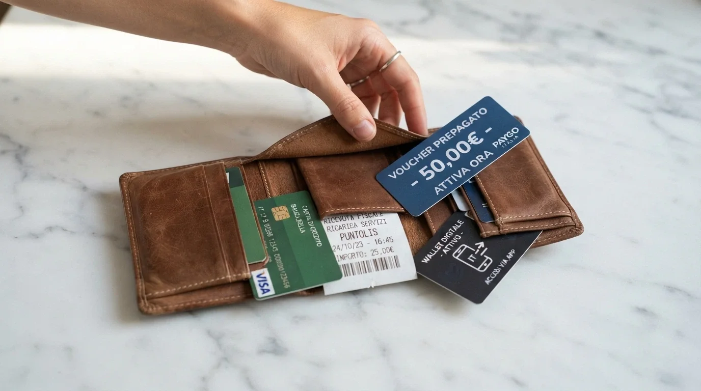 Un portafoglio aperto da cui spuntano le icone di PayPal, Postepay, Paysafecard e una ricevuta di ricarica in negozio