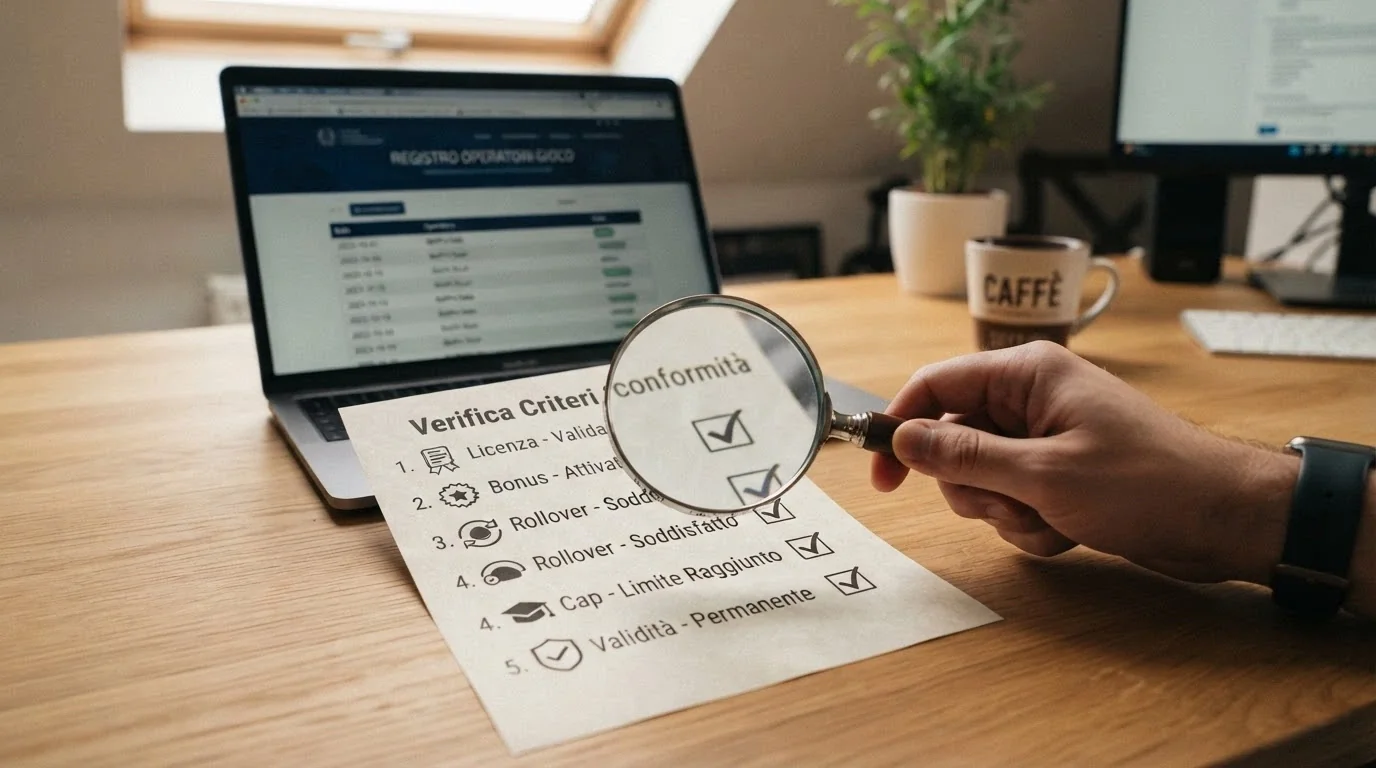 Una lente di ingrandimento su una lista di criteri (licenza, bonus, rollover, cap, validità) con il registro ADM sullo sfondo