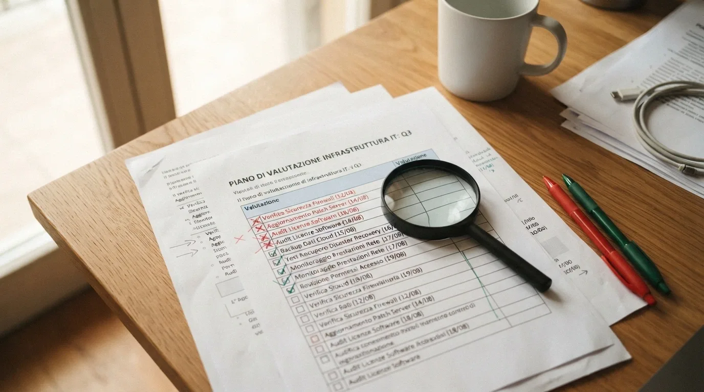 Una scrivania con documenti, una lente e un foglio su cui sono barrate alcune voci e spuntate altre, a rappresentare il processo di selezione