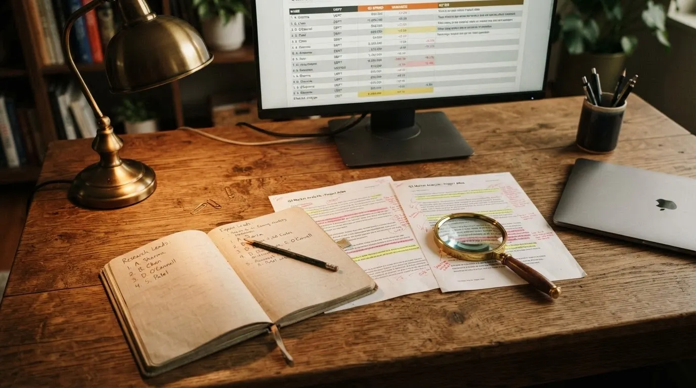 Scrivania con report stampati, una lista di casinò ADM, una lente di ingrandimento e un monitor che mostra i termini dei bonus