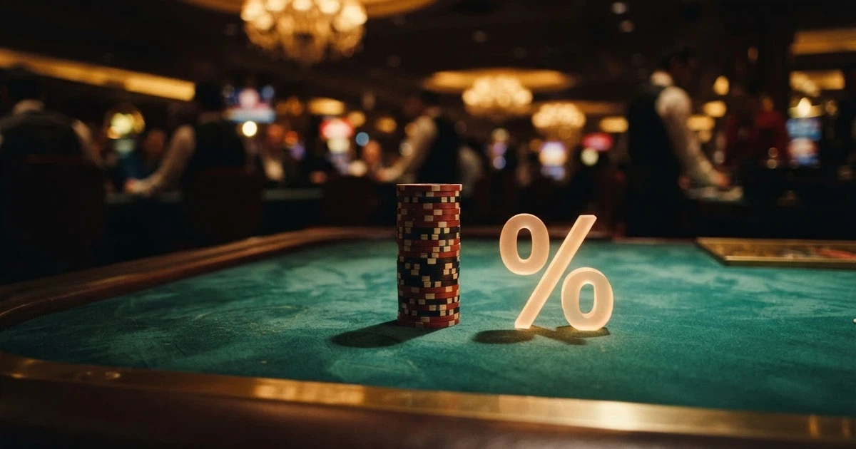 Un tavolo da casinò virtuale con una pila di fiches e un simbolo di percentuale che indica il rimborso