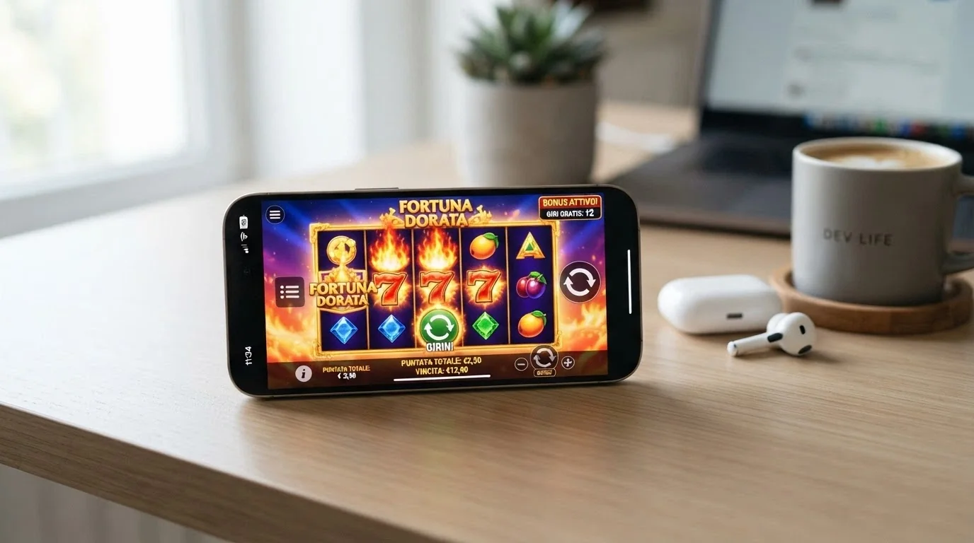 Uno smartphone con l'interfaccia di un casinò ADM in modalità landscape, la slot in esecuzione e il saldo giri gratis visibile