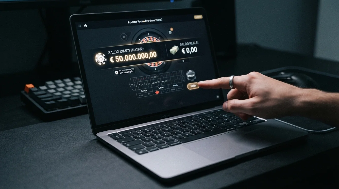 Una schermata che mostra fiches virtuali e un saldo in crediti dimostrativi accanto a un contatore azzerato di vincite reali