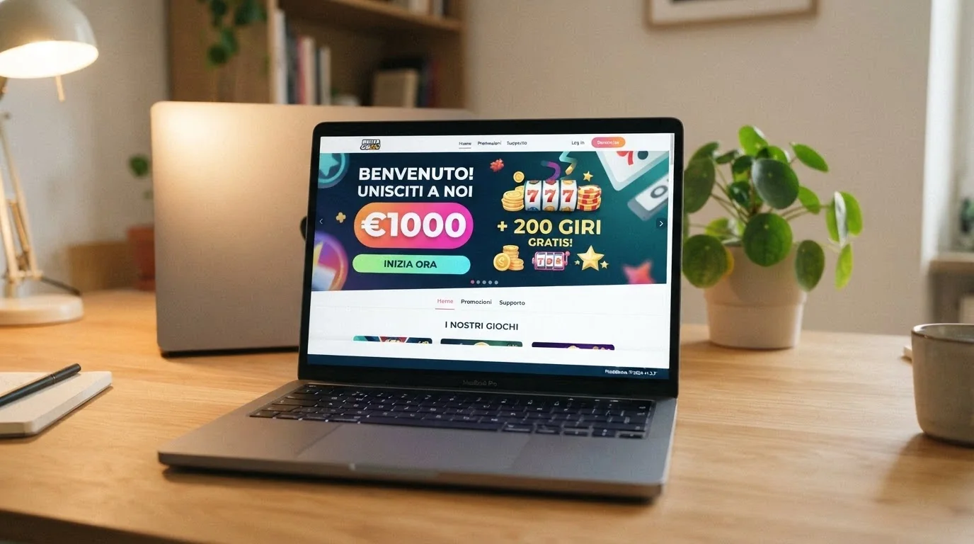 La pagina di benvenuto di un nuovo casinò ADM con l'offerta di giri gratis senza deposito in primo piano e il numero di concessione visibile