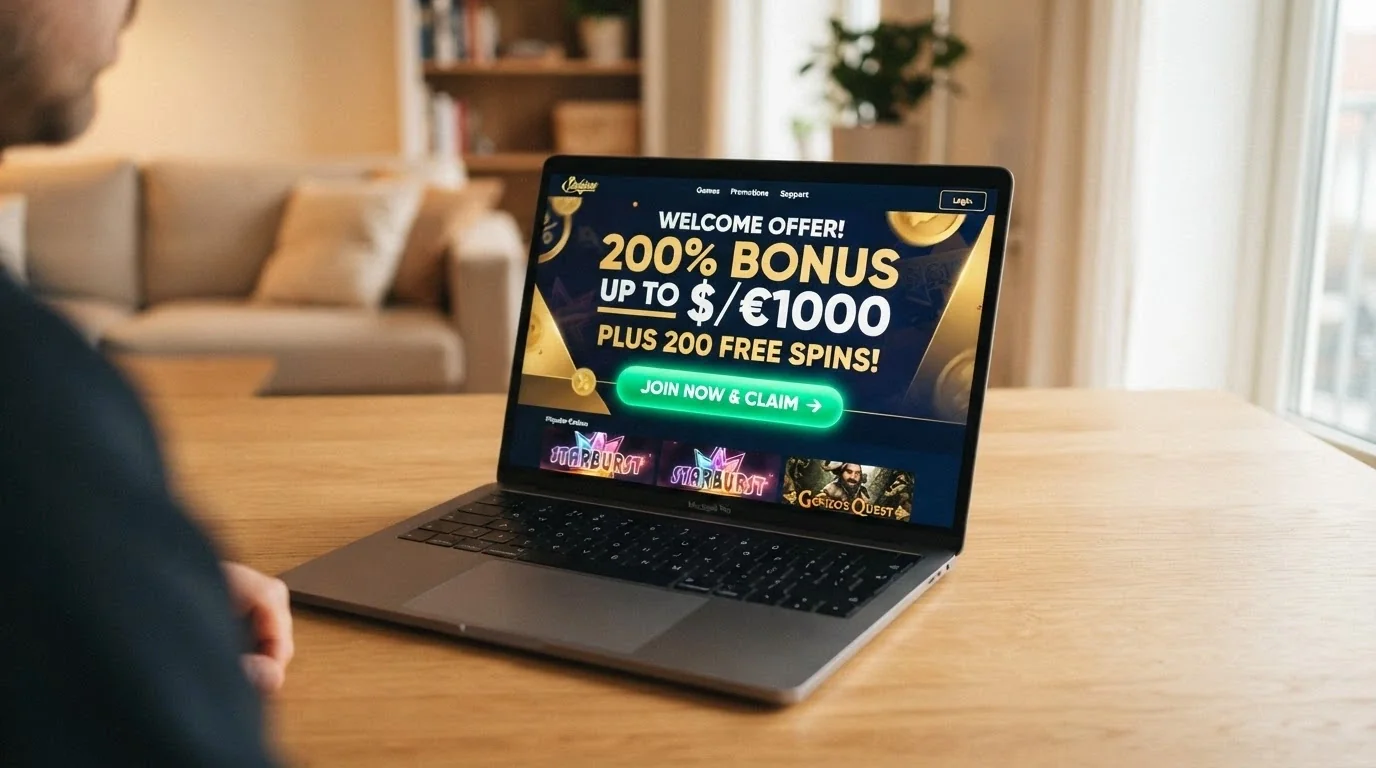 La pagina di benvenuto di un nuovo casinò online con un'offerta promozionale in primo piano, il pulsante di registrazione e uno sfondo con elementi grafici moderni