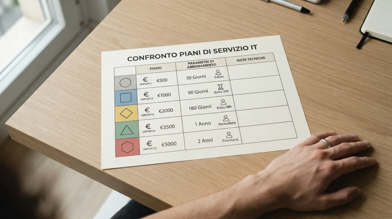 Una griglia comparativa stilizzata con le icone di cinque operatori e, accanto a ciascuna, i simboli di euro, orologio e carta d'identità a indicare importo, validità e attivazione