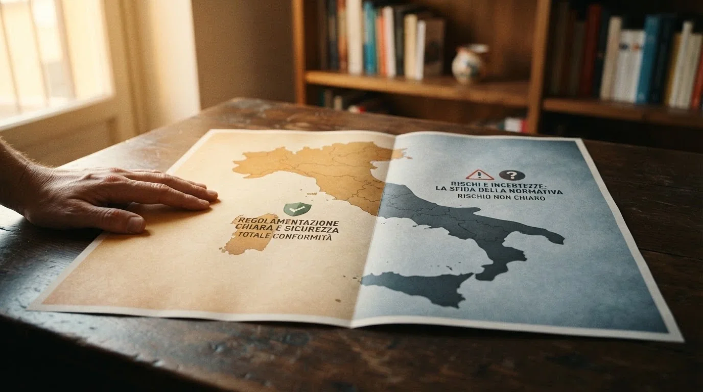 Mappa dell'Italia con uno schermo diviso: a sinistra un casinò con licenza ADM e simboli di protezione, a destra un sito estero con icone di rischio e un punto interrogativo sulla legalità