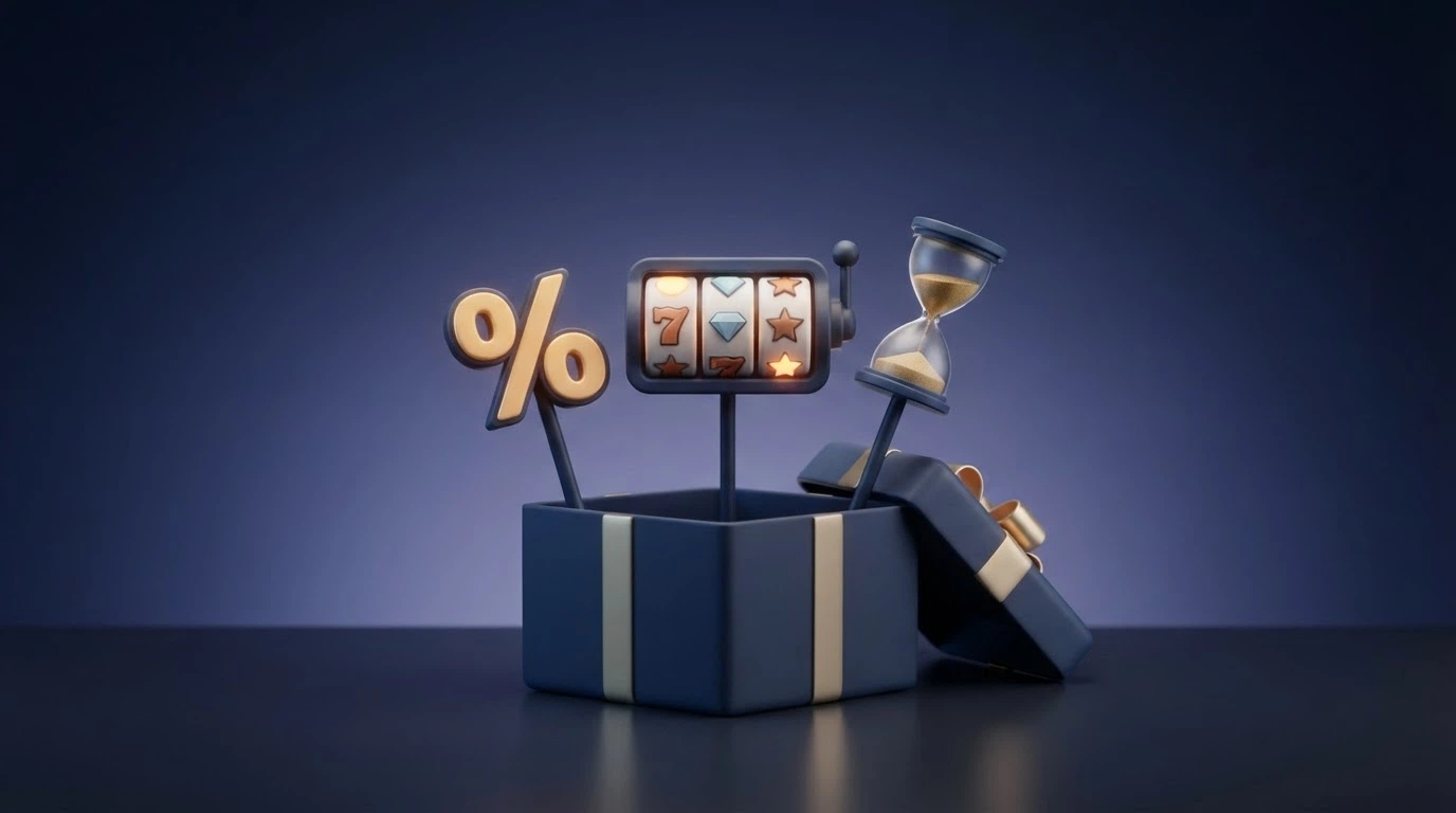 Una confezione regalo digitale che si apre rivelando tre icone: una percentuale «100%», un simbolo di free spin e una clessidra