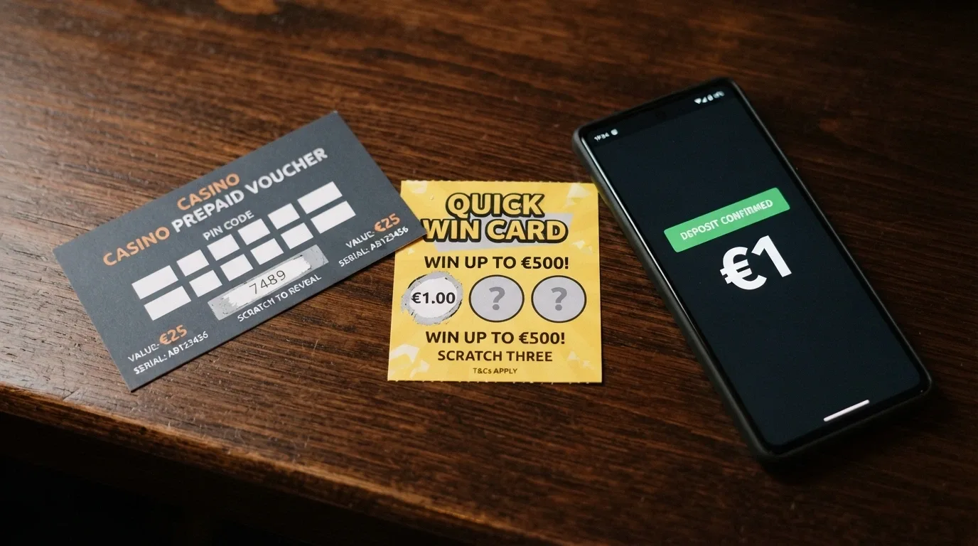 Un voucher Paysafecard e una Scratch Card accanto a uno smartphone con l'interfaccia di ricarica di un casino