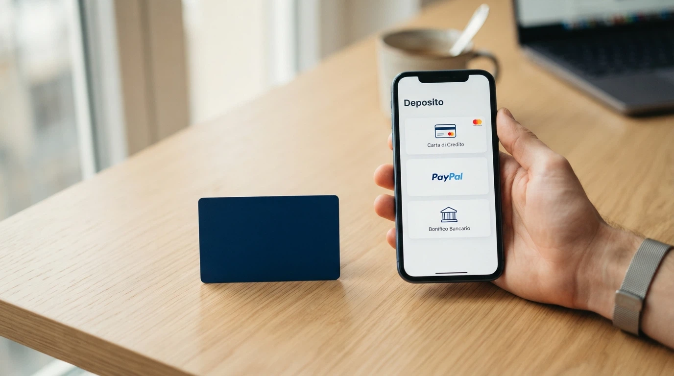 Una carta PostePay appoggiata accanto a uno smartphone che mostra la cassa di un casinò online