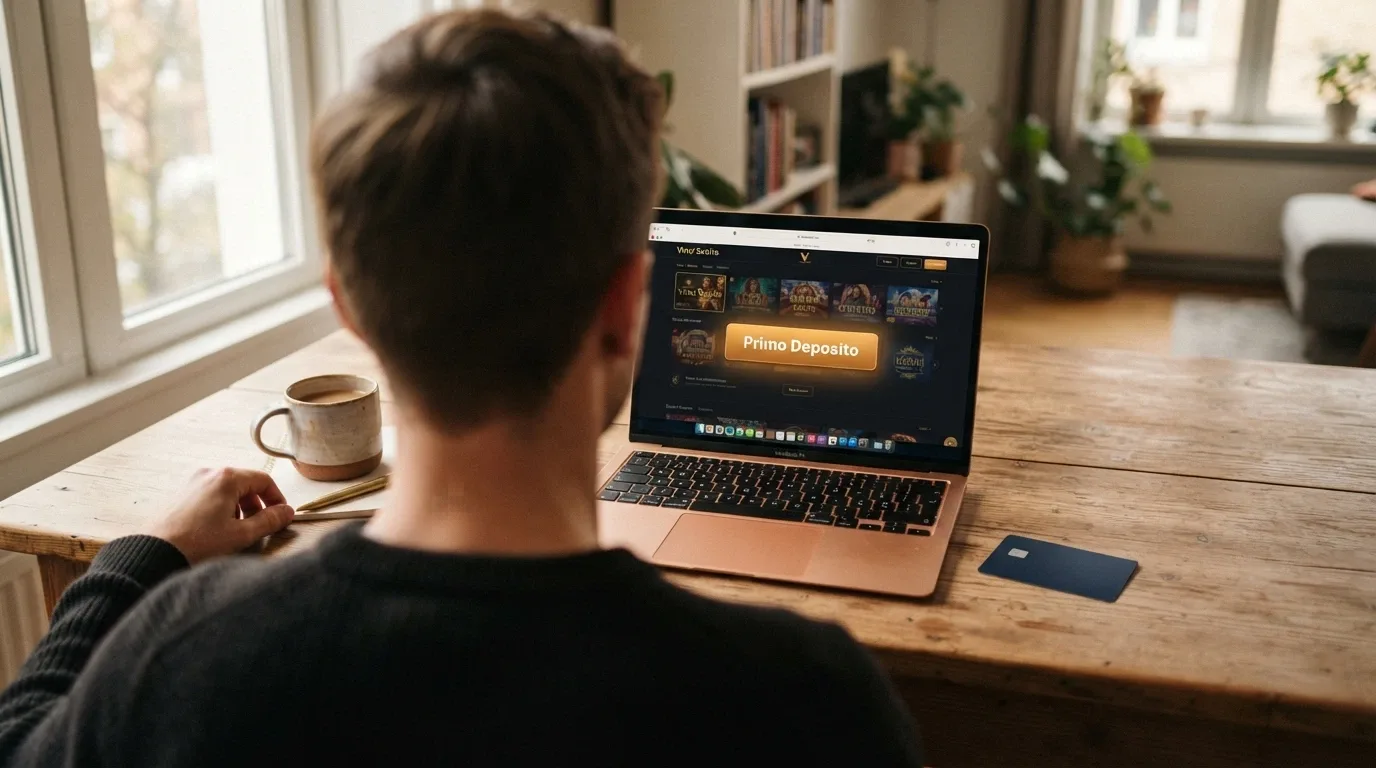 Una carta di credito posata accanto allo schermo di un casinò online con il pulsante «Primo Deposito — Attiva Bonus 100%» evidenziato