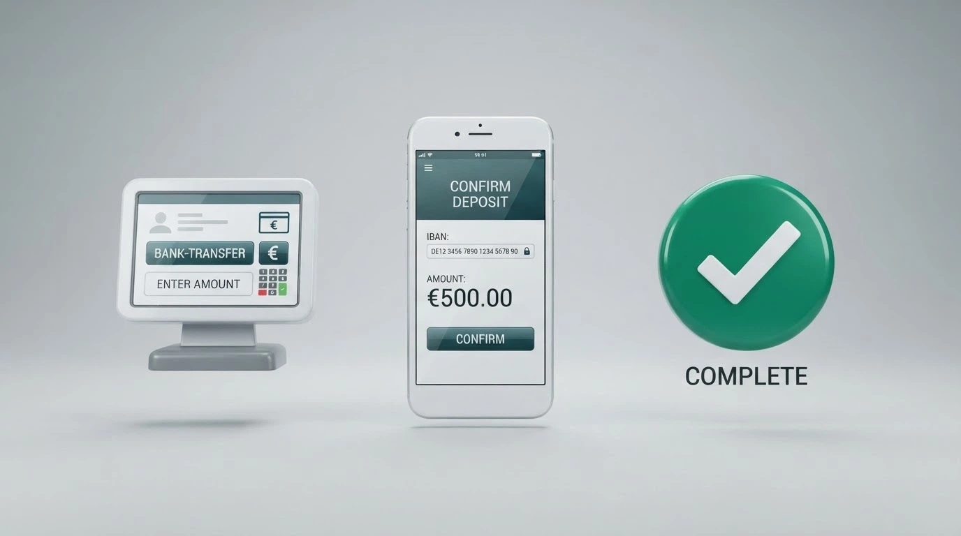 Tre semplici passaggi illustrati: la schermata della cassa del casinò, l'app della banca con un IBAN inserito, una notifica di accredito completato