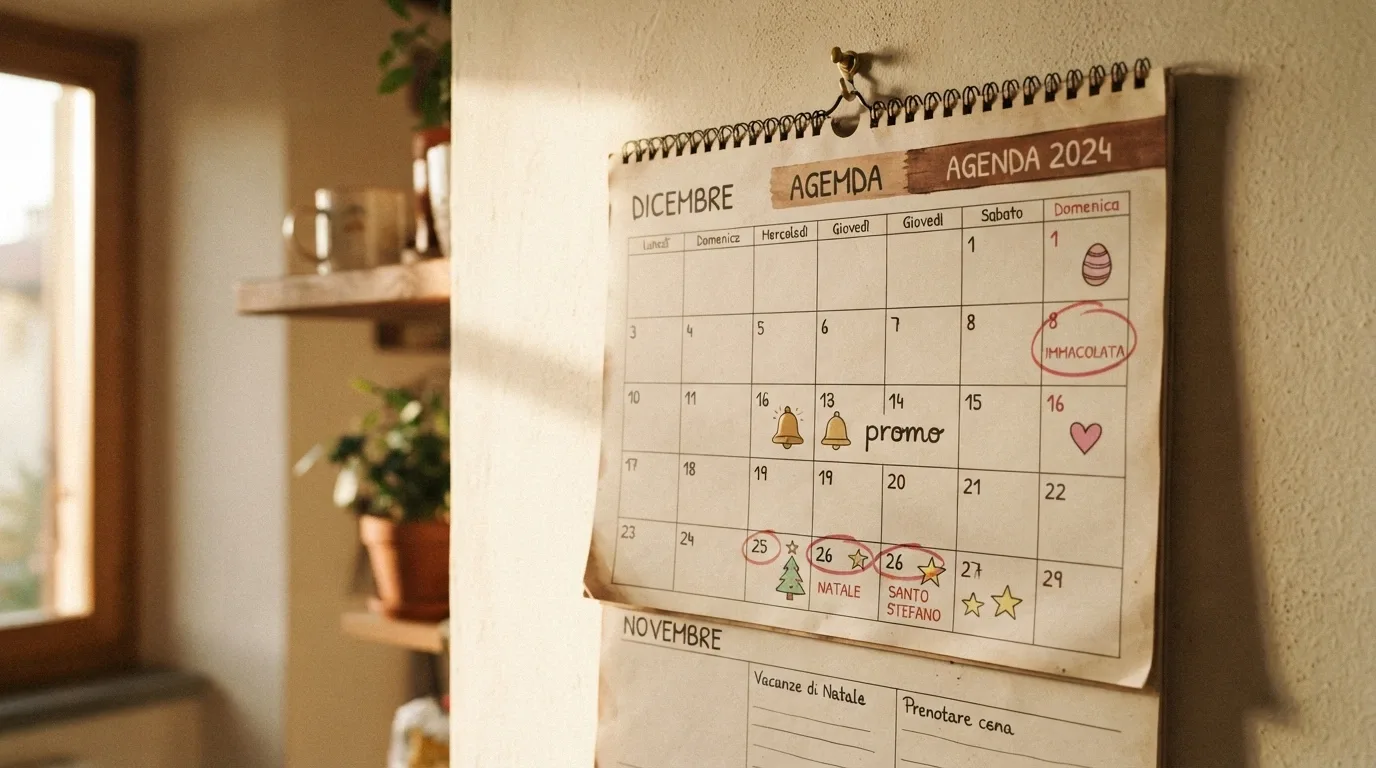 Un calendario aperto con icone festive (albero di Natale, uovo di Pasqua, cuore, stella) su alcune date, e una campanella «promo attiva» su altre