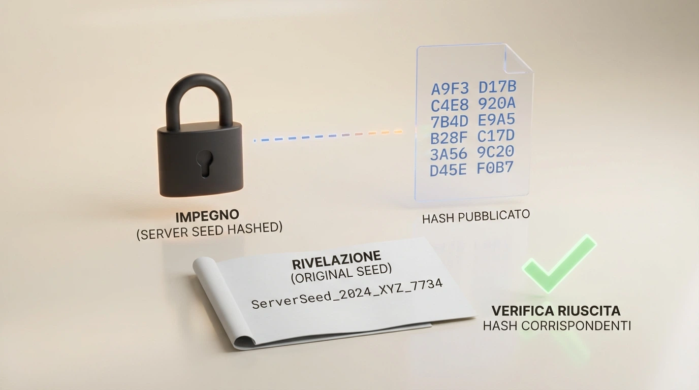 Diagramma del processo commit-reveal: server seed, hash SHA-256 pubblico, rivelazione seed, verifica del giocatore