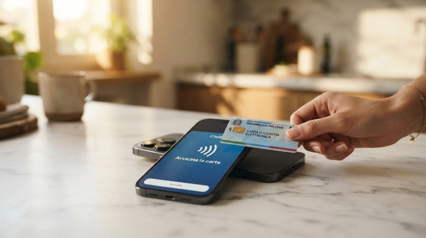 Smartphone con l'app CieID aperta e la Carta d'Identità Elettronica appoggiata sul retro per la lettura NFC