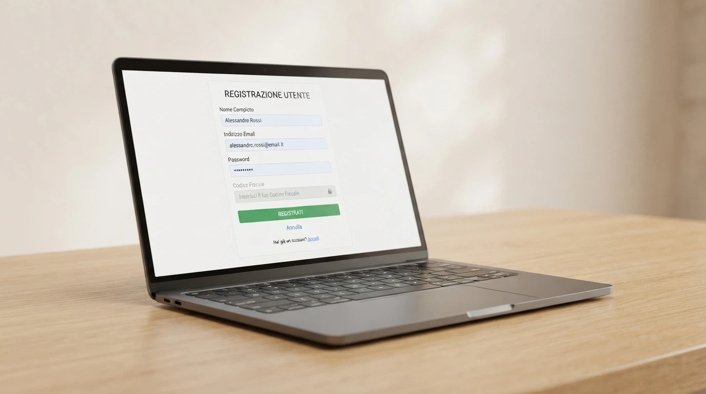 Un modulo di registrazione su schermo con i campi nome, email e password compilati e il campo «codice fiscale» visibilmente assente o disattivato