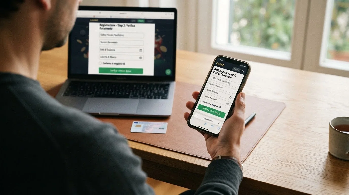 Una mano che avvicina una carta d'identità elettronica al telefono, con sullo sfondo l'interfaccia di registrazione di un casinò online in italiano
