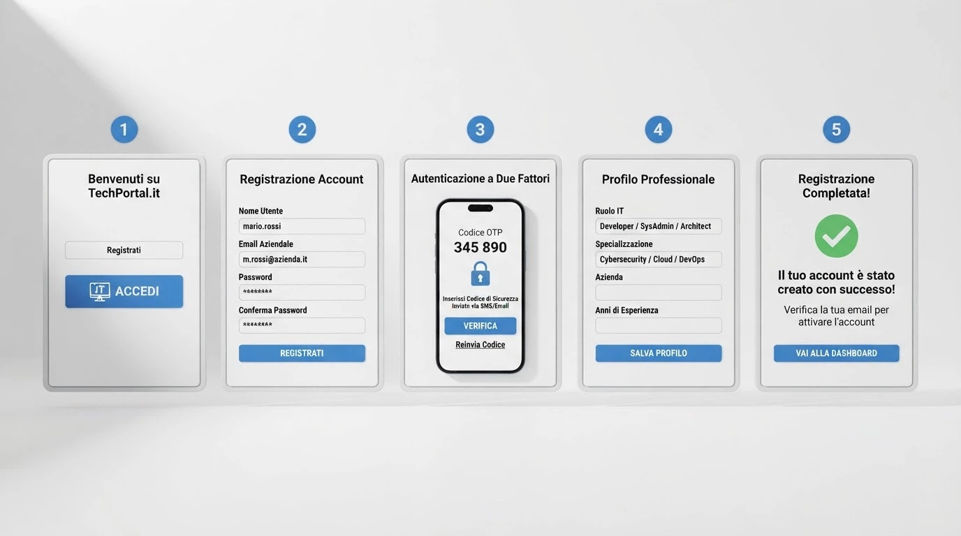 Una sequenza semplificata dei passaggi di registrazione SPID su un casinò online, dall'inserimento credenziali al conto gioco attivo