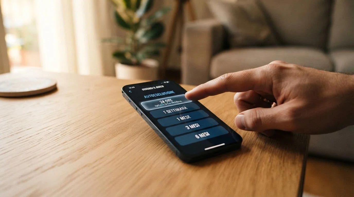 Interfaccia di autoesclusione online con opzioni di durata: 7 giorni, 30, 60, 90, indeterminato