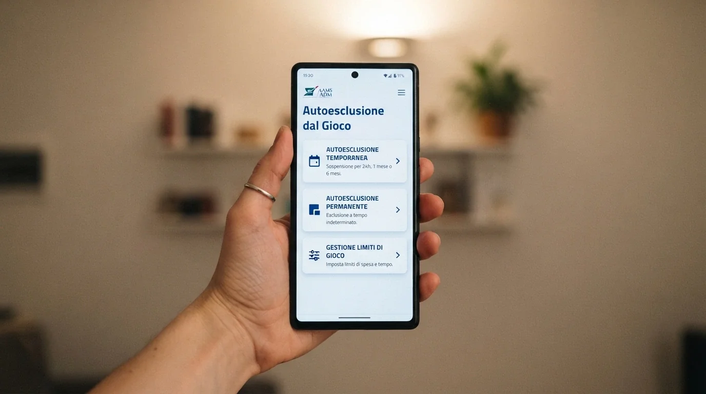 L'interfaccia di un portale di autoesclusione con le opzioni selezionabili: esclusione totale, per concessionario, per famiglia di giochi