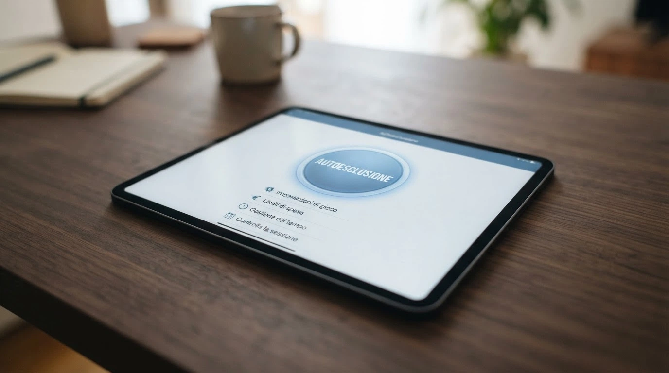 Un'interfaccia digitale con un pulsante «Autoesclusione» e le opzioni: singolo concessionario, categoria di gioco, tempo determinato, tempo indeterminato