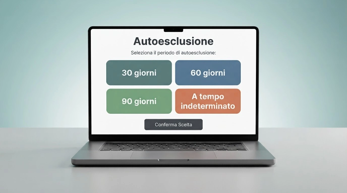 Schermata del portale ADM per l'autoesclusione con le opzioni di durata: 30, 60, 90 giorni o a tempo indeterminato