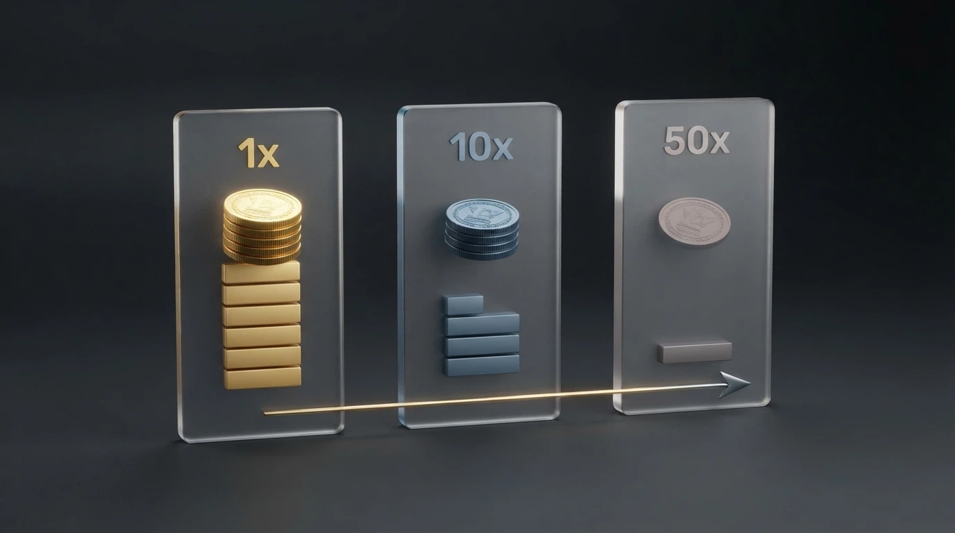 Schema che illustra il percorso di una vincita da €10 attraverso tre scenari di wagering: 1x, 10x e 50x, con il saldo residuo alla fine