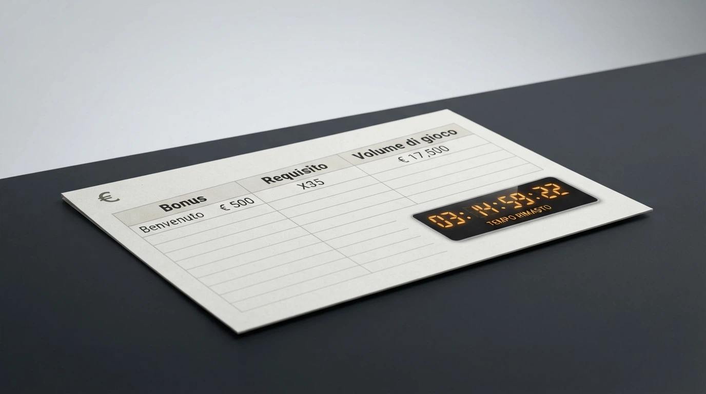 Un foglio di calcolo con le voci «Bonus», «Requisito», «Volume di gioco» e un cronometro digitale accanto
