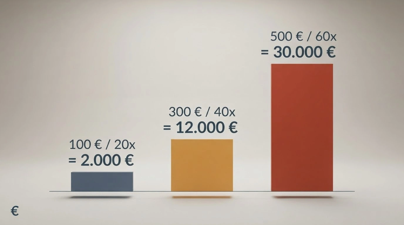 Un grafico a barre che mostra il volume di gioco richiesto per tre scenari: 100 € al 20x, 300 € al 40x, 500 € al 60x — con la barra del 60x che svetta rispetto alle altre
