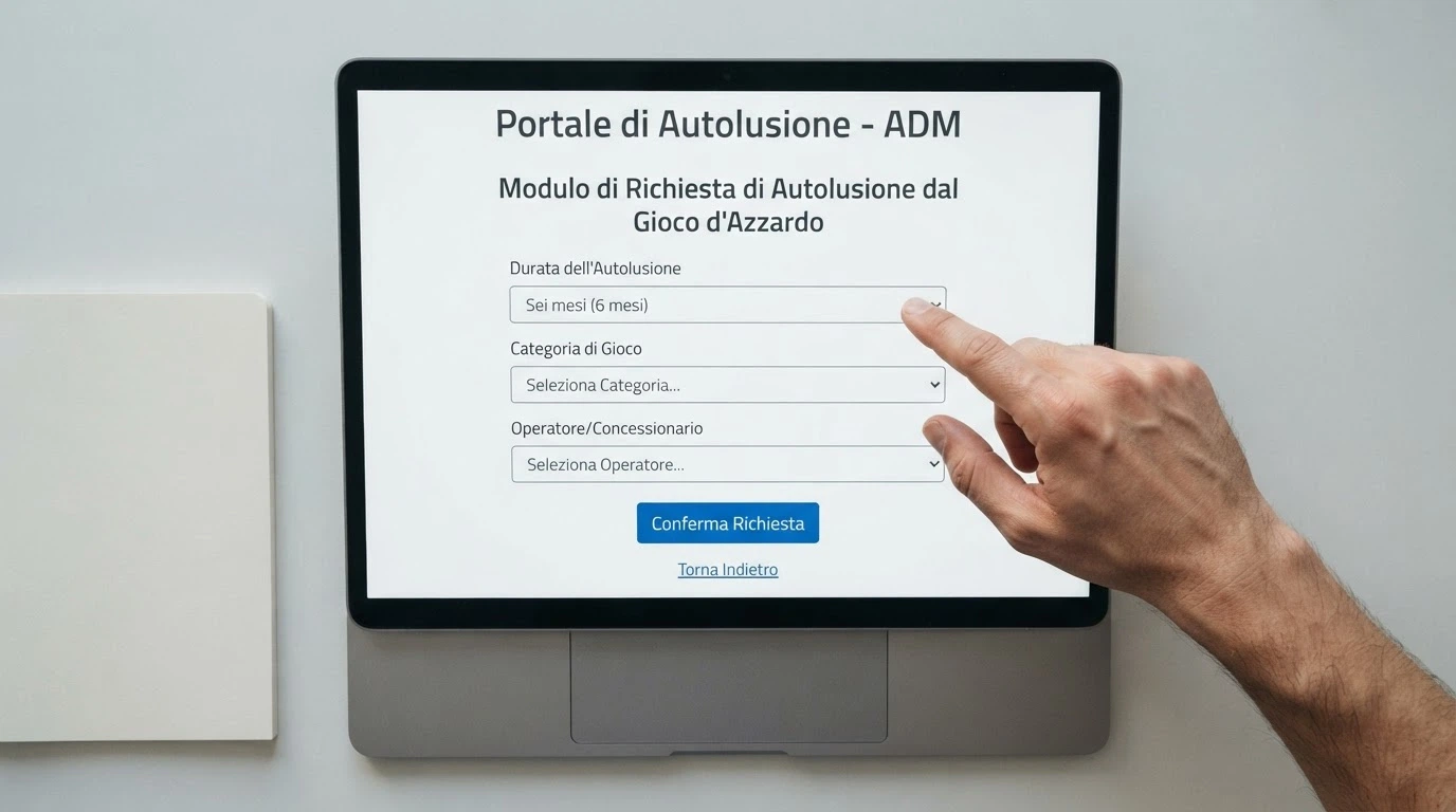 Schermata del portale ADM con le opzioni di autoesclusione: durata, categoria di gioco e scelta del concessionario