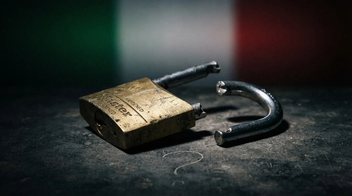 Un lucchetto rotto su uno sfondo che mescola la bandiera italiana e un punto interrogativo, a simboleggiare l'assenza di tutele