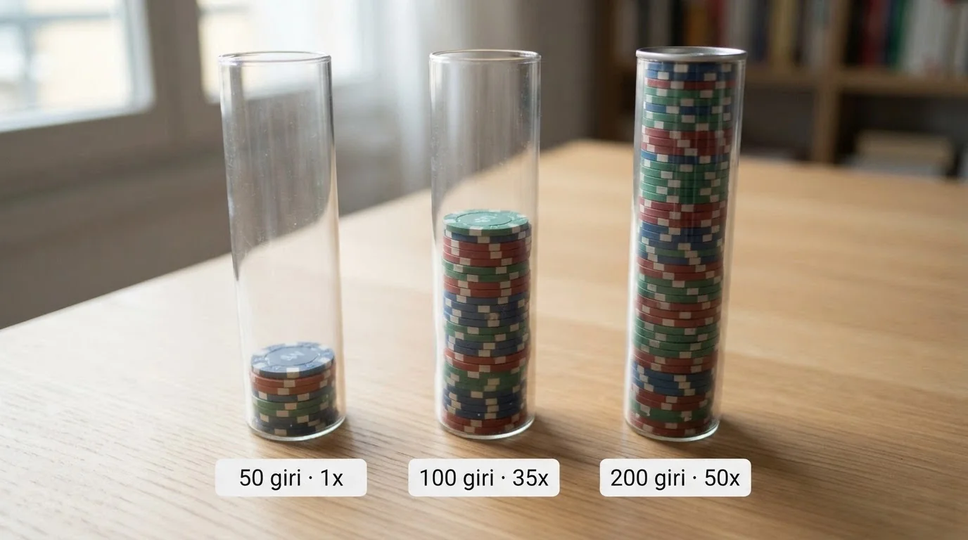 Confronto visivo tra tre offerte: 50 giri con rollover 1x, 100 giri con rollover 35x, 200 giri con rollover 50x — con il volume di gioco richiesto per ciascuna