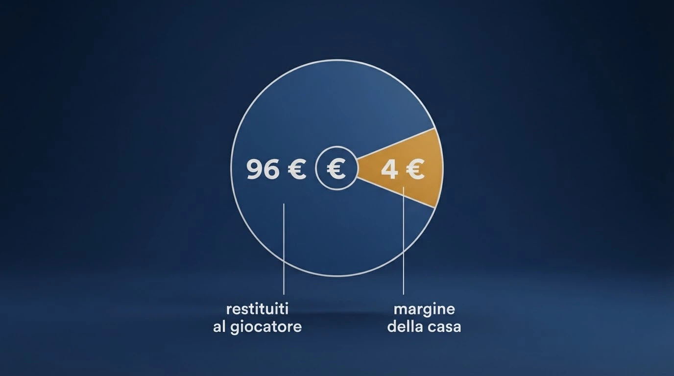 Un diagramma che mostra la ripartizione di 100€ giocati: 96€ restituiti in vincite e 4€ trattenuti come margine della casa